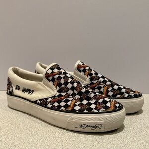 Ed Hardy Black and White Checkered Slip-Ons Canvas Tiger Graphics Mens 10